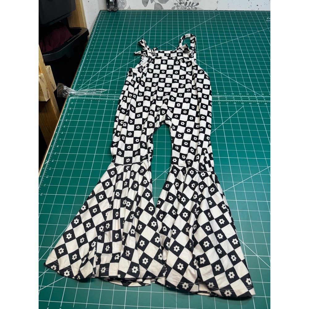 Trendy Littles Boutique Girls Checkered Floral Bell Bottom Jumpsuit Black White